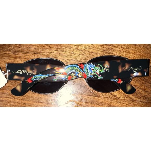 Ed Hardy Dragon Sunglasses Y2K Oval Tortoise Shades Black Gold Streetwear NWT main image 5